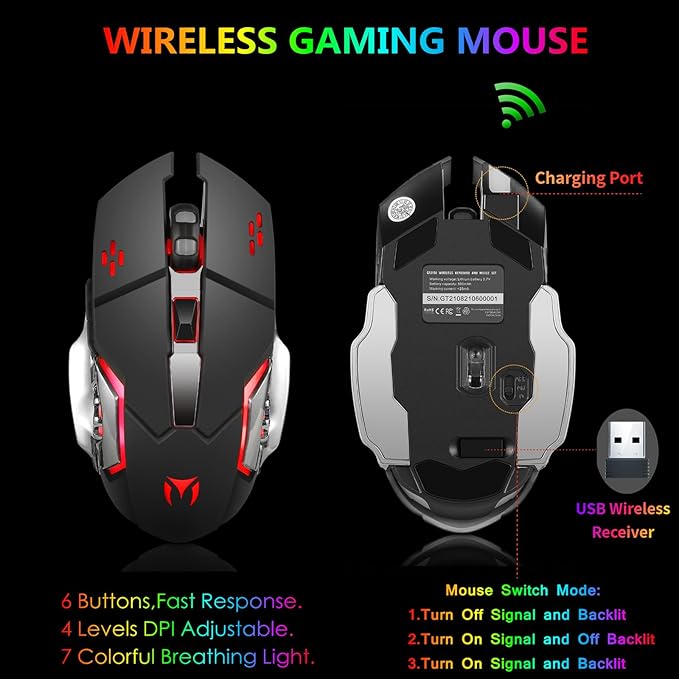 Wireless RGB Gaming Keyboard and Mouse - Rechargeable RGB BacklitLong Battery LifeMechanical Feel7 Color Gaming Mouse for PC Game and Work