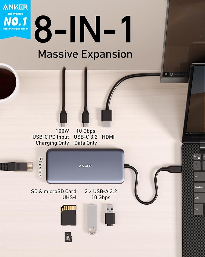 Anker USB C Hub with Ethernet 8-in-1 Multiport Ethernet Adapter with 4K 60Hz HDMI Port 85W Power Delivery 10Gbps USB C and 2 A Data Ports microSD SD Card Reader for MacBook Pro/XPS/iPad and More