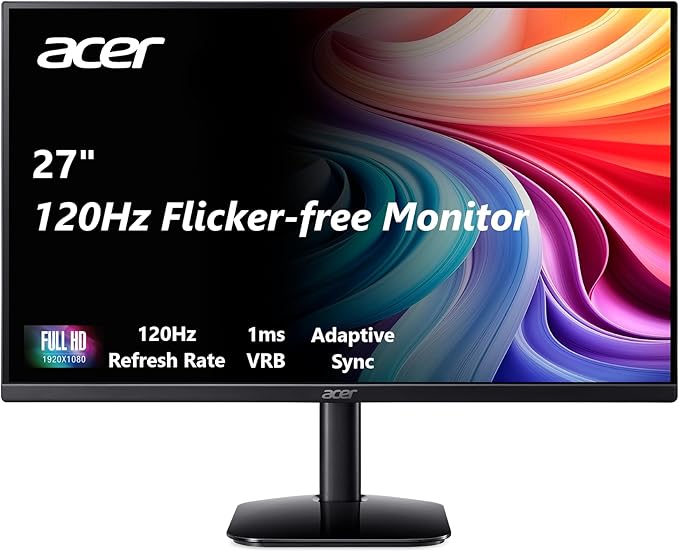 acer 27 Inch Monitor- KB272-27 Inch FHD IPS (1920 x 1080) Display Up to 120Hz Refresh Rate 99% sRGB Tilt Adaptive-Sync Support (FreeSync Compatible) 1ms (VRB) sRGB 99% Color HDMI &amp VGA Ports