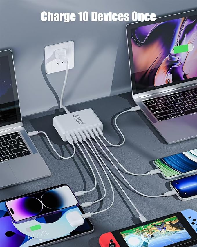 530W USB C Charger Block8-Port USB C Charging Station GaN IV Travel Essentials Multiple Port Charging Station140W Laptop Fast Charger Adapter for MacBook Pro/AirDELLiPadiPhoneSamsung Galaxy