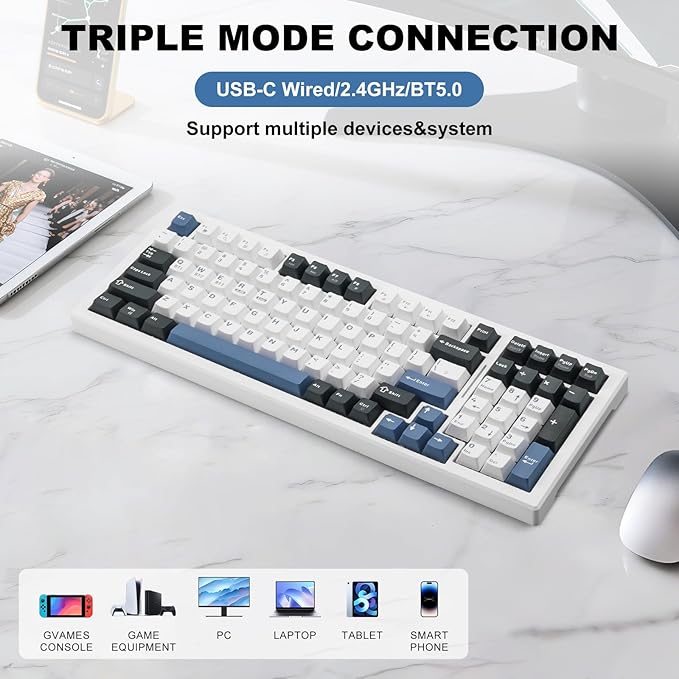 Wireless Mechanical Keyboard BT5.0/2.4GHz/USB Multi-Color LED with 18+ Modes Hot-Swappable Custom Keyboard Red Creamy Switches Gaming Keyboard for PC/Mac (Blue White)