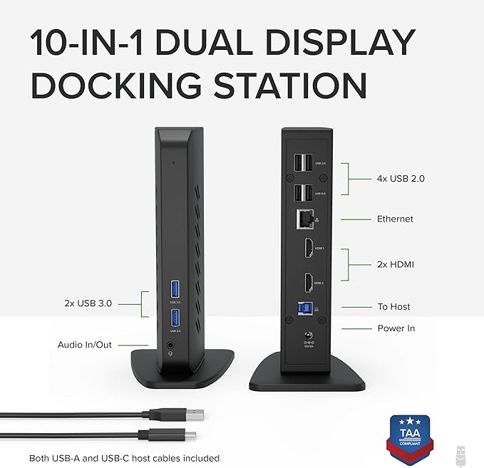 Plugable USB 3.0 and USB-C Universal Laptop Docking Station with 2 HDMI Ports for Windows Mac (Driver Required) and ChromeOS Gigabit Ethernet Audio