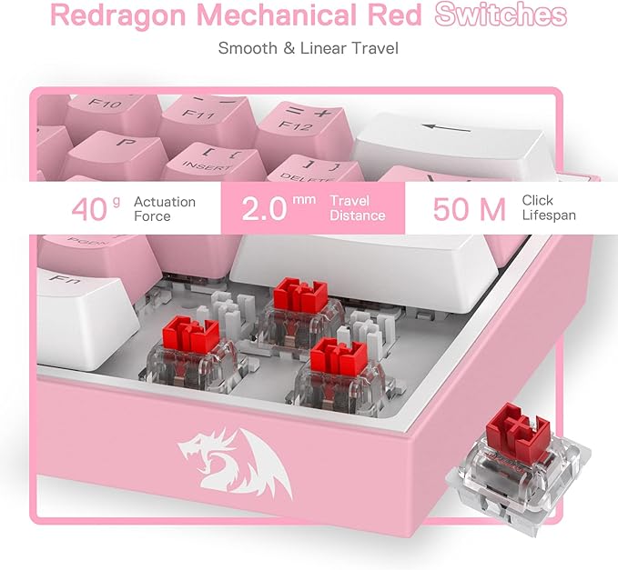 Redragon K617 Fizz 60% Wired RGB Gaming Keyboard 61 Keys Hot-Swap Compact Mechanical Keyboard w/White and Pink Color Keycaps Linear Red Switch Pro Driver/Software Supported