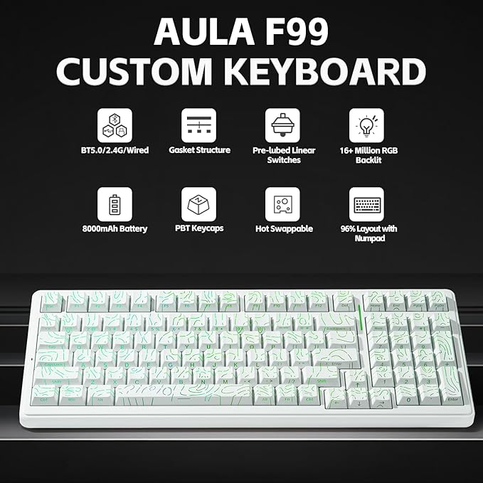 LEOBOG Aula Keyboard F99 Wireless Mechanical Gaming Keyboards Hot Swappable Custom Creamy RGB Backlit Computer KeyboardBT5.0/2.4GHz/USB-CTopographic Side-Printed Keycaps Switch