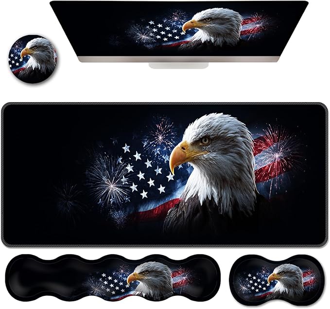 Ergonomic Keyboard Wrist Rest &amp Mouse Pad Wrist Rest SetXL Gaming Desk Mat 31.5x 11.8Non-Slip BaseMemory FoamEasy Typing Pain Relief for Office &amp HomeBald Eagle US Flag Fireworks