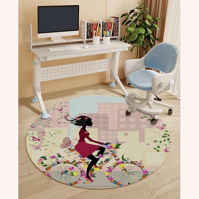 Multicolor PU Leather Round Area Rug Swivel Chair Mats for Hardwood Floor Flowers Butterflies Leaves Branches Image Floor Protector Office Chair Mat Gaming Chair Mat Bicycle Girl Diameter 39.4 in
