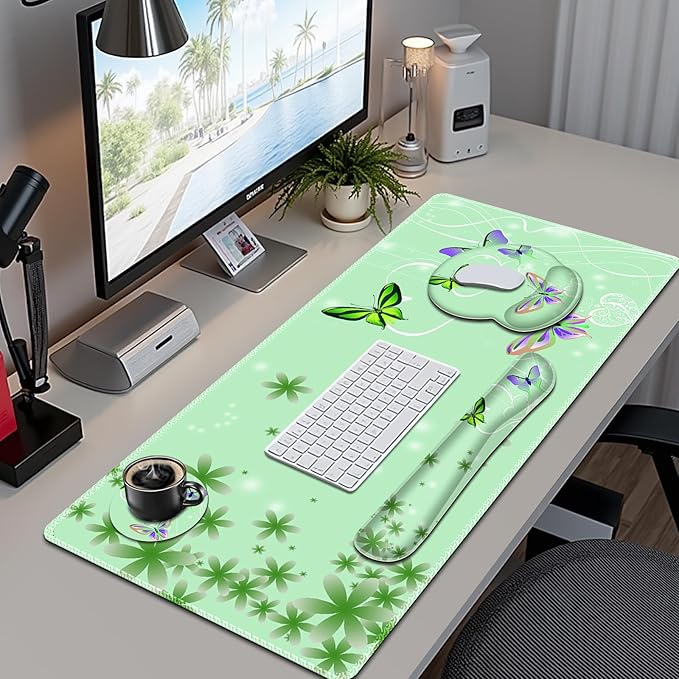 Mint Green Butterflies Florals Mouse Pad XXL Large Desk Mat Extended Reading Desk pad 4PCS Non-Slip Rubber Base Computer Big Mousepads for Work Game Office Home Decor Cute Girls Woemn Gifts