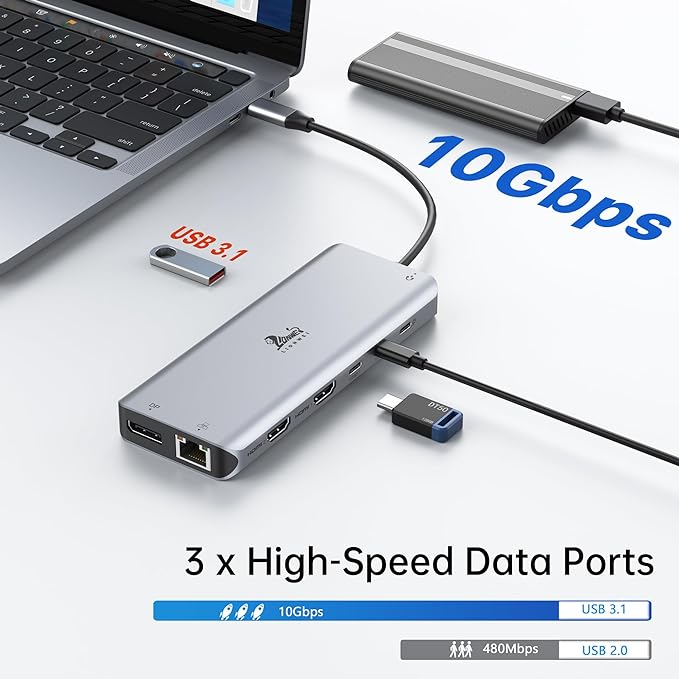 LIONWEI Laptop Docking Station 13 in 1 - Dual HDMI+DisplayPort+10Gbps 6 USB C/A 100W PD Ethernet SD/TF Audio USB C Hub for MacBook/Dell/HP/Surface