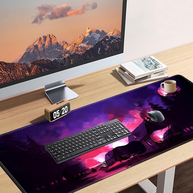 AIMSA Large Mouse Pad and Keyboard Wrist Rest Set Ergonomic Wrist pad for Keyboard and Mouse Mat 4 in 1 Mousepad with Wrist Support Computer Mat Village Evening Glow