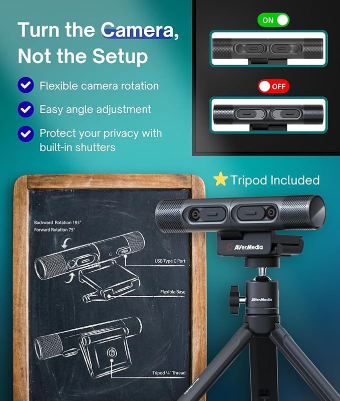 AVerMedia PW313D DualCam 2K Document Camera and Webcam for PC/Mac/Laptop Autofocus AI Noise Reduction Online Teaching Works with Zoom/Teams/Google Meet Includes Tripod TAA/NDAA Compliant