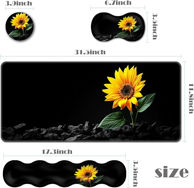 Ergonomic Keyboard Wrist Rest &amp Mouse Pad Wrist Rest SetXL Gaming Desk Mat 31.5x 11.8Non-Slip BaseMemory FoamEasy Typing Pain Relief for Office &amp HomeSunflower
