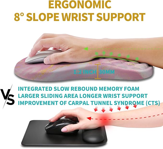 Hokafenle Ergonomic Mouse Pad Wrist Support Wrist Rest Mousepad for Carpal Tunnel Pain Relief with Integrated Memory Foam Slope Massage Bulge (11.8x7.9 inchPink Gold Marble