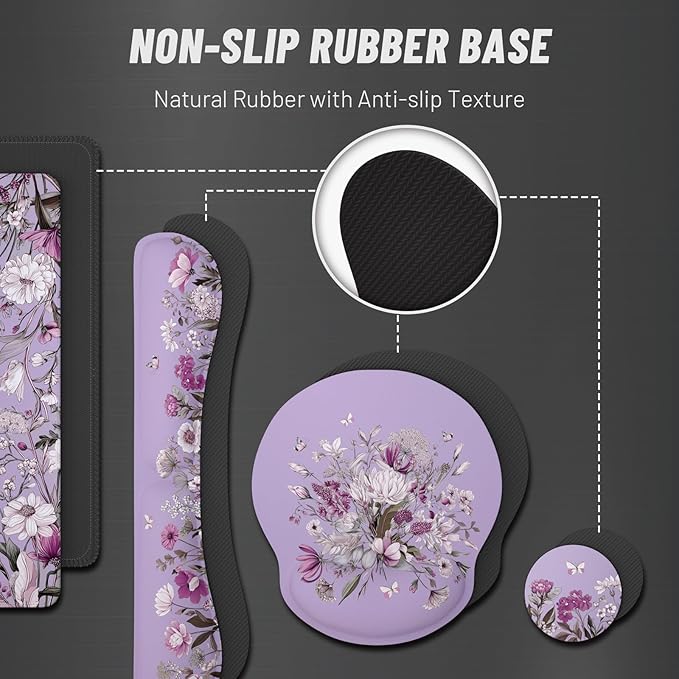 Ovenbird Mouse Pad Set 4-in-1 | Large Gaming Mousepad Keyboard Wrist Rest Mouse Wrist Support Coaster | Ergonomic Office Desk Mat Accessories for Women Men | 4PCS 35.4 x 15.7in Purple Floral