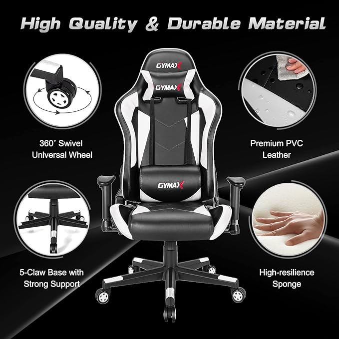 GYMAX Computer Gaming Chair Racing Style Office Chair with Adjustable Lumbar Support Headrest 360° Swivel Height Adjustable Ergonomic Reclining Gaming Chair for Home Office Leisure Room (White)