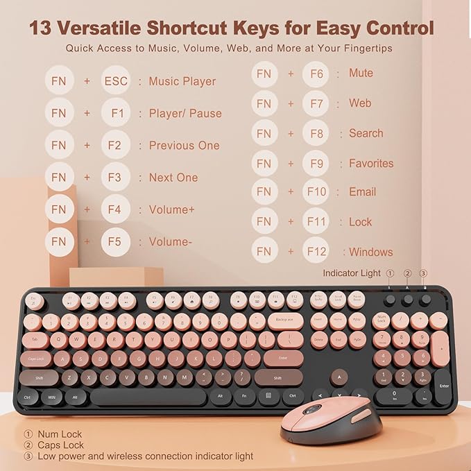 Wireless Keyboard and Mouse Combo Retro Typewriter Keyboard with Round Keycaps Full-Size Ergonomic Aurora Red Ideal for Windows PC Home Office and College