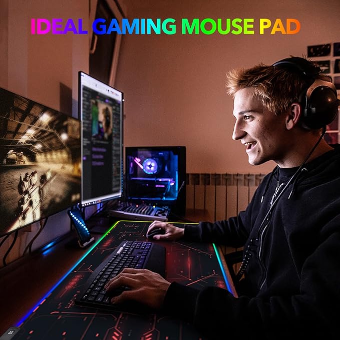 AIMSA Large Gaming Mouse Pad RGB Keyboard Led Mousepad Extended 35.4 x 15.8 inch Non-Slip Rubber Base with 14 Lighting Modes Desk Mat Red Circuit Board Motherboard