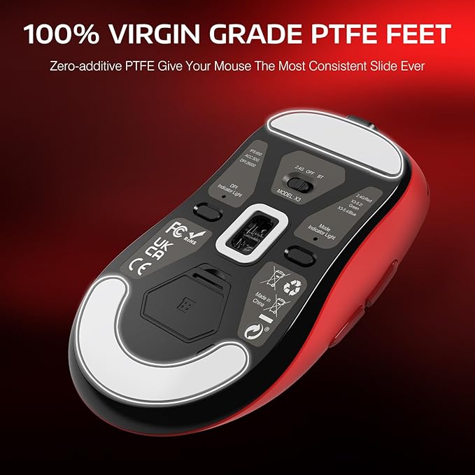 ATTACK SHARK X3 Wireless Gaming Mouse 49g Ergonomic Computer Mouse Triple Modes PAW3395 26K DPI Optical Sensor 200h Battery Life Programmable Buttons Gaming Accessories for PC/Laptop/Mac (Red)