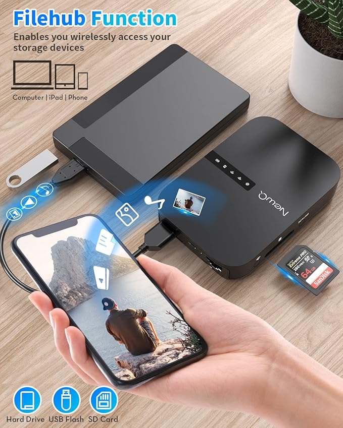 NewQ Filehub AC750 Travel Router: Portable Hard Drive SD Card Reader &amp Mini WiFi Range Extender for Travel | Wireless Access External Harddrive &amp USB Storage Device to Backup Photo &amp Files