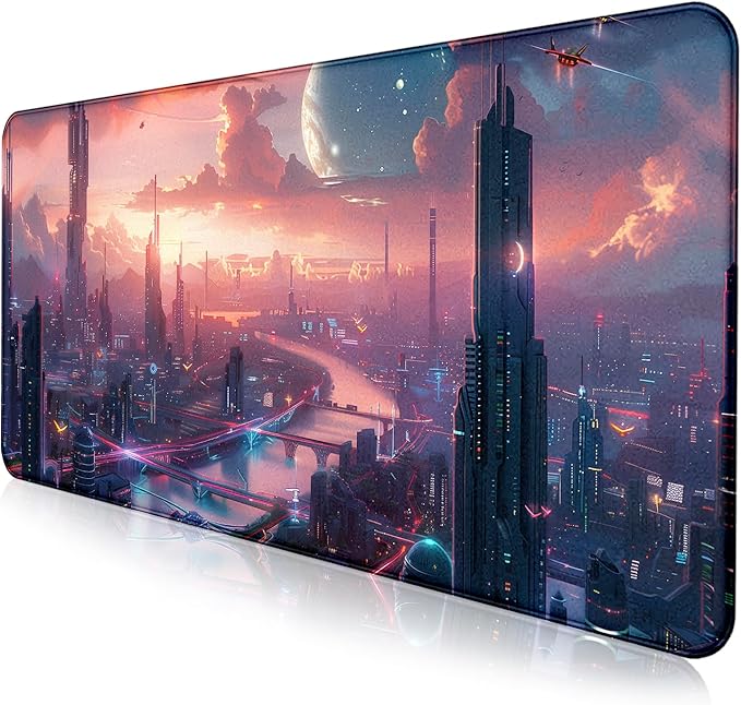 Digital Anime City Night View Office Art Desk Mat Female Aesthetic Style Oversized Stitched Edge Laptop Keyboard Desk Mat 35.4 x 15.7 x 0.12 Inches
