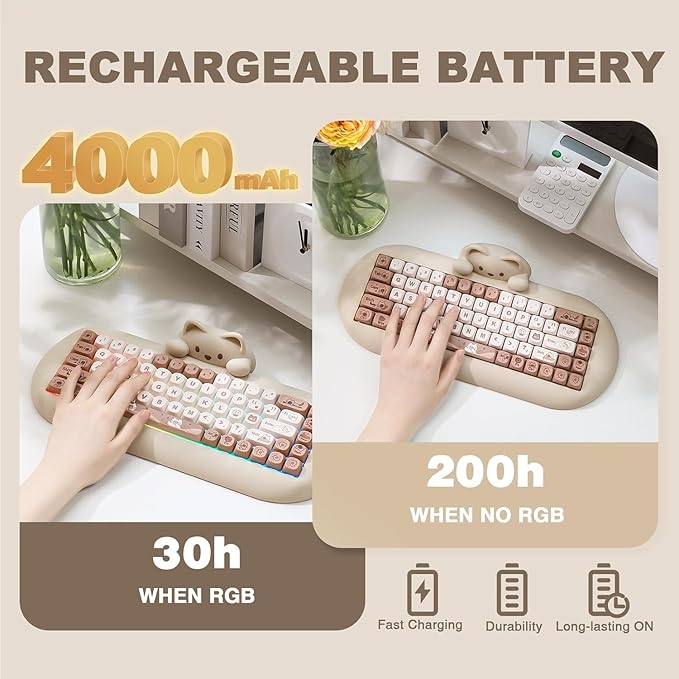 YUNZII C68 Wireless Mechanical Keyboard65% LayoutHot SwapTriple Mode BT5.0/2.4G/Wired RGB Backlit NKROCute Cat Silicone Ergonomic Design for Win/Mac (Brown Milk Switch)