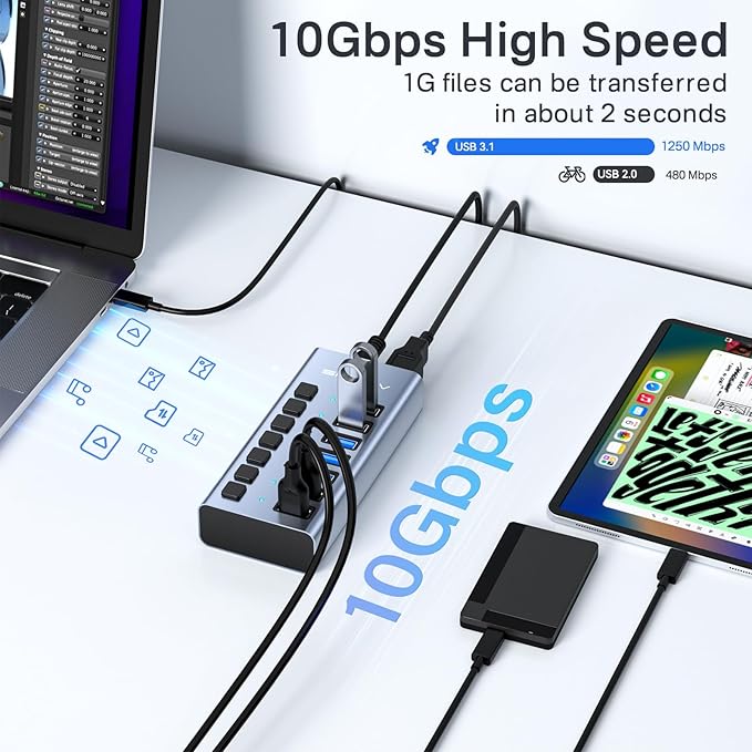 Powered USB 3.2 Hub ACASIS 7 Ports USB 3.2 Hub with 10Gbps Data Speed Aluminum Housing USB Hub Powered with 24W Power Adapter USB Hub for PC/Laptop Computer Flash Drive Printer Camera