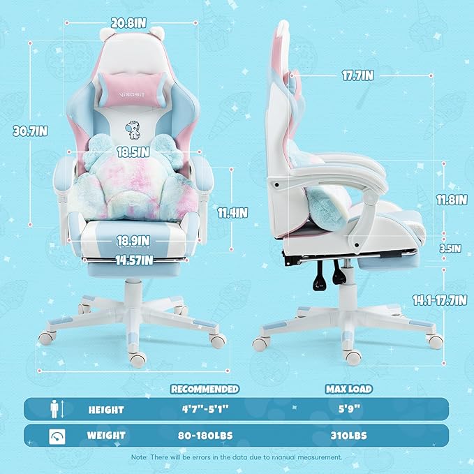 Gaming Chair Cute with Cat Ears Paw Lumbar and CushionErgonomic Computer Chair with FootrestReclining PC Game Chair for Girl Computer Chair 300lbs for Adult (Blue&ampPink)