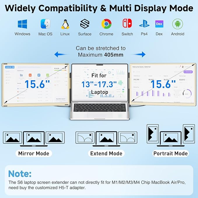 KEFEYA Laptop Screen Extender 15.6 FHD 1080P Portable Triple Monitor for Laptops 13-17.3 120% sRGB 235° Rotation Detachable Laptop Monitor Extender for Windows/Mac/Dex/Chrome/Surface Plug n Play