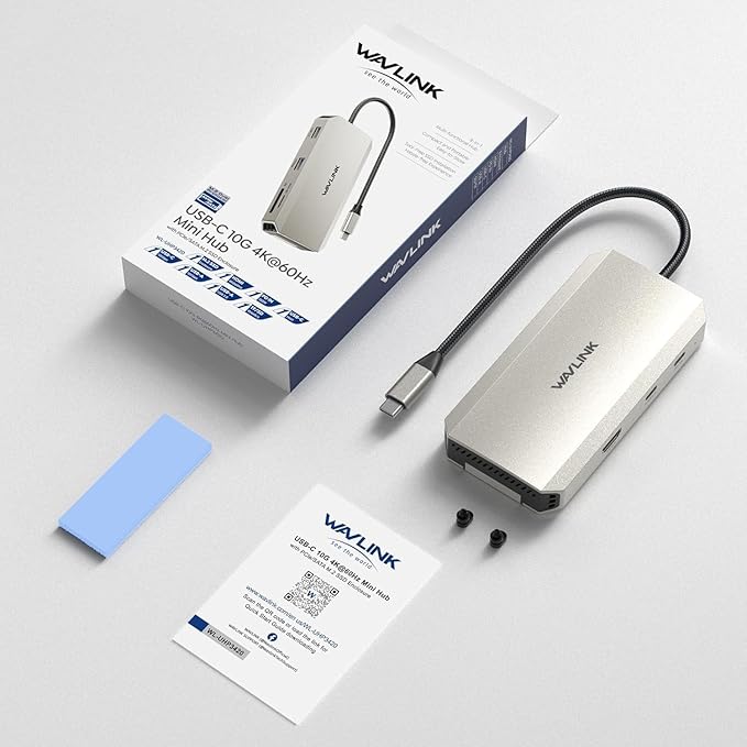 WAVLINK 8 in 1 USB C Hub with M.2 NVMe/SATA SSD Enclosure 10Gbps 4K@144Hz HDMI USB-C/A 10Gb 100W PD Aluminum Alloy USB C Enclosure for M.2 NVMe SATA SSD for M1/M2/M3/M4 MacOS Systems