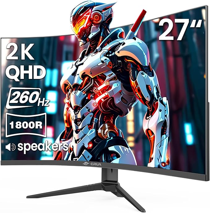 CRUA 27'' Curved Gaming Monitor 260Hz/240Hz QHD 1440P 1800R VA Panel Computer Monitor with Built-in Speakers Support AMD FreeSync 120% sRGB Blue Light Filter HDMI2.0 &amp DP1.4 Wall Mountable-B