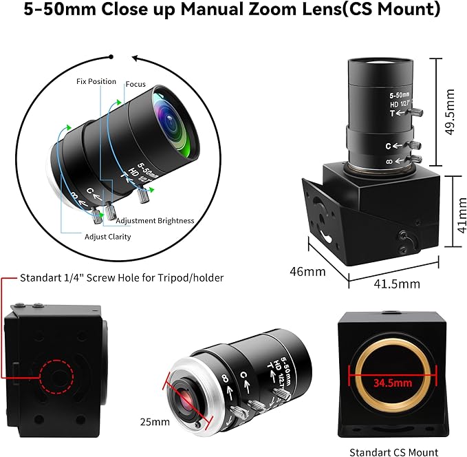 5Megepixels USB Camera 1944P 30fps Color Industrial Telephoto Webcam with CS Mount 5-50mm 10X Manual Zoom Lens PC Computer Camera Plug and Play for Windows Linux Laptop OpenCV