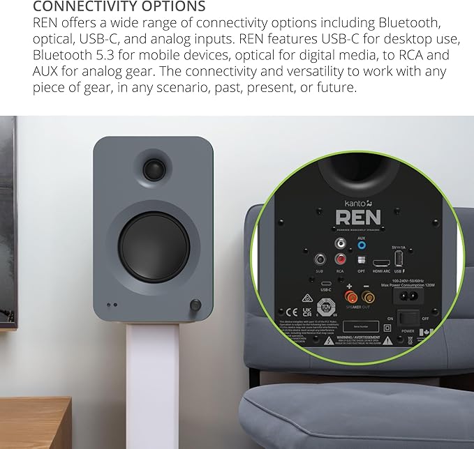 Kanto REN Grey Bluetooth Powered Bookshelf Speakers - Matte Grey Pair SP32PL 32 Fixed-Height Stands for Bookshelf Speakers - Black Pair (2024)
