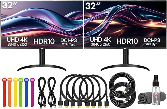 LG 32UR500K-B Ultrafine 32 4K UHD (3840×2160) Monitor (2-Pack) | HDR10 60Hz 4ms AMD FreeSync DCI-P3 90% Color Gamut Anti-Glare Speakers Tilt/Height/Pivot Stand HDMI &amp DisplayPort - Bundle