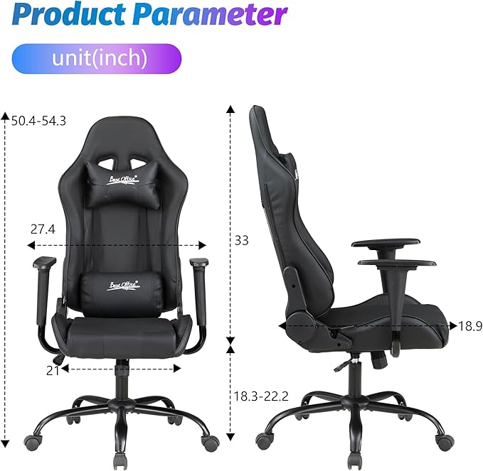 PayLessHere Gaming Chair Ergonomic Office Chair with Lumbar Support Headrest Armrests Rolling Swivel Functionality and Adjustable Features for PC Gamer (Black)