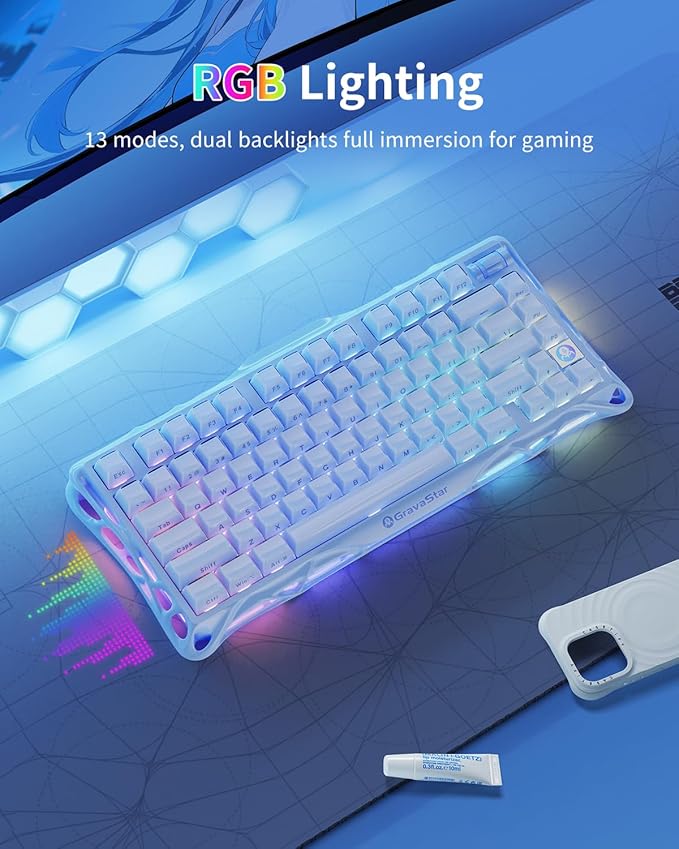 GravaStar Mercury K1 75% Blue Gaming Keyboard Aluminum Alloy Mechanical Keyboard Gasket Hot-Swap Socket Linear Switches RGB Backlit Wireless Keyboard for Gaming Office and Gifts