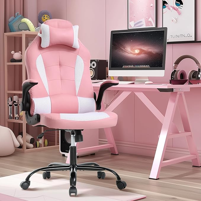 PC Gaming Chair Ergonomic Office Chair Computer Desk Chair with Armrests Headrest and Lumbar Support PU Leather Taipan High Back Home Computer Chair (Pink)