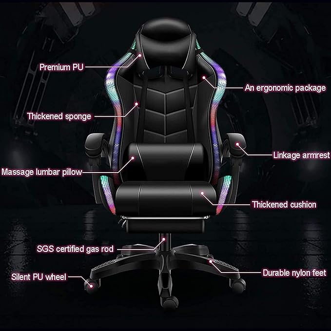 Gaming Chair with Bluetooth Speakers Video Game Chairs Gaming Lights- Ergonomic Massage Gaming Chair Full Massage Lumbar Support Adjustment of Backrest Dual Gaming Chair…