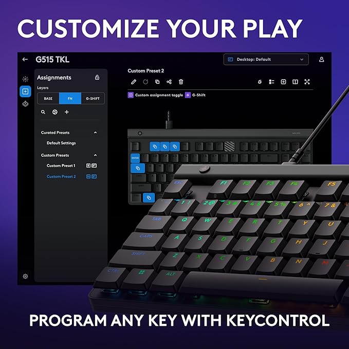 Logitech G515 TKL Wired Low Profile Gaming Keyboard Fully Customizable RGB Double-Shot PBT Keycaps Tactile/Brown Switches - Black