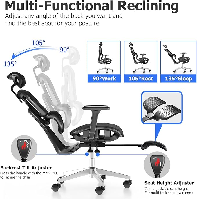 PatioMage Ergonomic Office Chair Big and Tall Desk Chair with Adjustable Lumbar Support &amp Seat Depth High Back Computer Chair Swivel Mesh Chairs with Wheels for Home Office Black