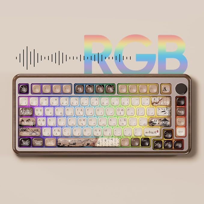 Akko MU02 Mechanical Keyboard with Walnut Wooden Case 75% RGB 2.4G Wireless/Bluetooth/Wired Hot-Swappable Gaming Keyboard with PBT Dye-Sub Keycaps for Mac &amp Win (Mountain Seclusion Rosewood Switc