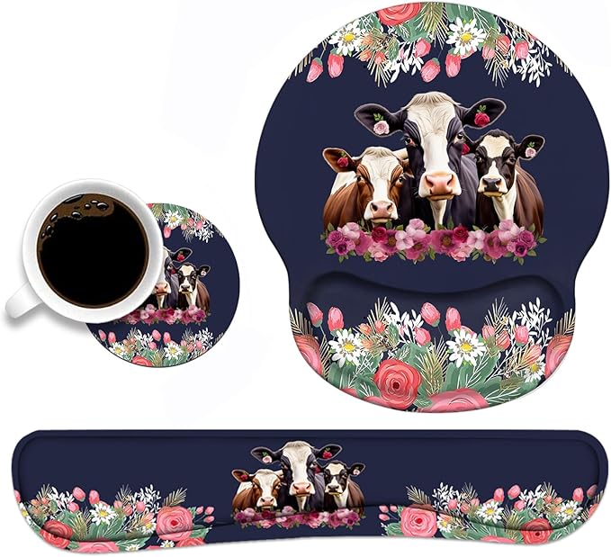 Keyboard Wrist Rest and Mouse Pad Wrist Support Set Non-Slip PU Base Ergonomic Gaming Mousepad for Home Office Working Studying Easy Typing &amp Pain Relief - Floral Quote Funny Cows Combination
