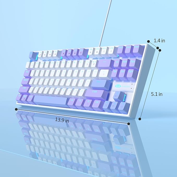 MageGee 75% Mechanical Gaming Keyboard Red Switch LED Blue Backlit 87 Keys Compact TKL Wired Computer Keyboard for Windows Laptop PC Gamer - White/Purple