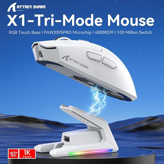 ATTACK SHARK X1 Superlight Wireless Gaming Mouse with RGB Magnetic Charging Dock BT/2.4G Wireless/Wired Gaming Mouse PAW3395PRO Gaming Sensor 40000DPI 53g Office Mice for PC/Mac/Win/Xbox (White)