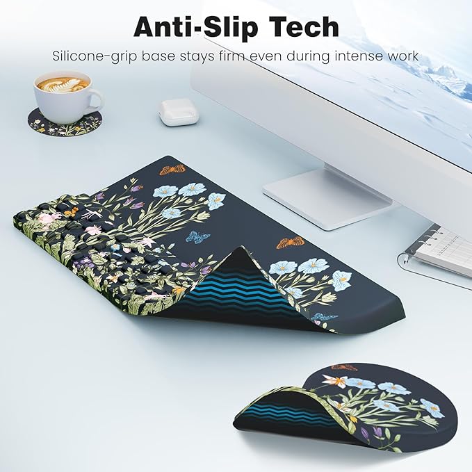 Ospelelf Ergonomic Mouse Pad and Keyboard Stand Wrist Rest Set Memory Foam Comfort Pain Relief for Typing Office Desk Accessories Moonlit Blossoms