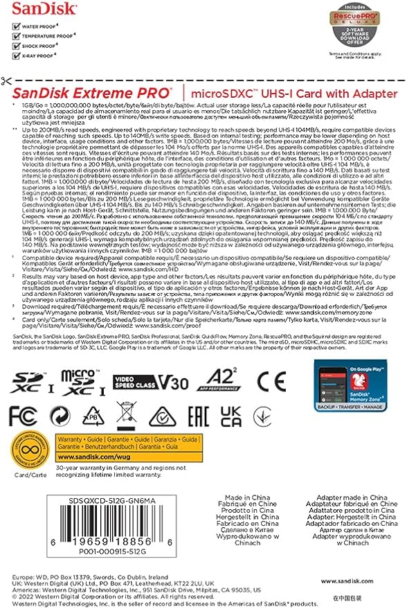 SanDisk Extreme PRO microSDXC UHS-I Memory Card 512 GB + Adapter &amp RescuePRO Deluxe (for Smartphones Action Cameras or Drones A2 Class 10 V30 U3 200 MB/s Transfer)