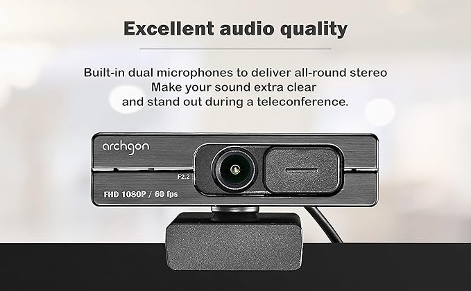 1080P/60fps Webcam C6206 Full HD Streaming Low-Light Correction Wide-Angle Lens Webcam with Dual Omni-Directional Microphone Privacy Cover and Tripod Compatible with Teams Skype and Zoom