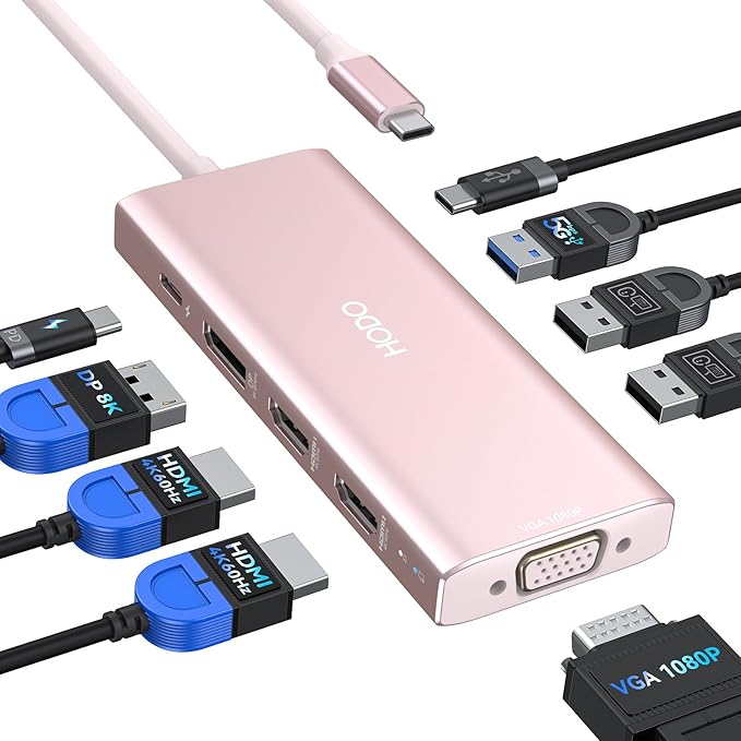 HODO USB C Docking Station Dual Monitor Adapter for Dell HP Laptop Docking Station 3 Monitors Quad Display USB C Hub Dongle to 2 HDMI 4KDP 8K VGA4 USBPD 9 in 1 Dongle Laptop Adapter