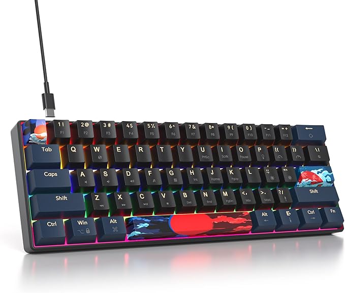 60 Percent Gaming Keyboard Mechanical with Linear Red Switch 60% Wired Ultra-Compact Mini Keyboard Rainbow with PBT Keycaps for Ps4/Ps5/Xbox(61 Blue)