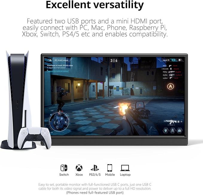 Portable Monitor 15.6 Inch 1080P USB-C HDMI Ultra-Slim Travel Monitor with Kickstand for Laptop PC Mac Phone PS Xbox Swich IPS Ultra-Thin Zero Frame Gaming