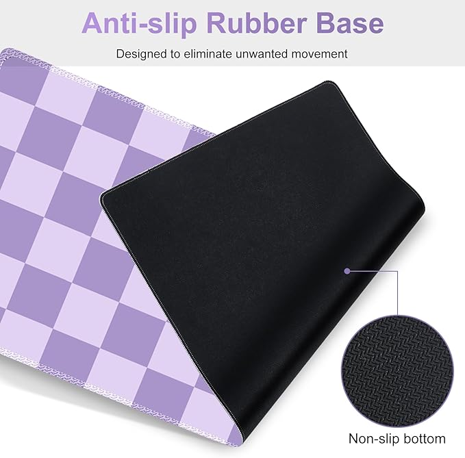 Large Gaming Mouse Pad Set 4 in1 Ergonomics Keyboard Desk Mat with Memory Foam Wrist Rest Extended Game Mousepad Non-Slip Desk Pad Matt Easy Typing Pain Relief I Light Purple Checkered
