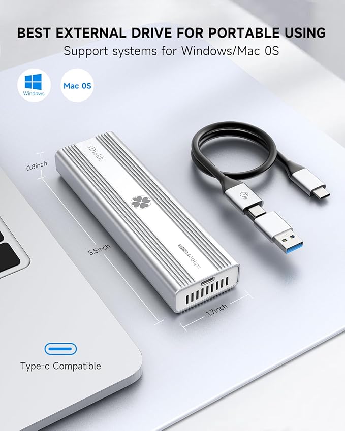 iDiskk Professional 40Gbps M.2 NVMe SSD Enclosure for M1 M2 Pro/MaxExternal SSD Aluminum Alloy Enclosure Compatible with Thunderbolt 3/4 USB 3.2/3.1/3.0/Type CSupport Up to 8TB Size 2280 M&ampB+M-K